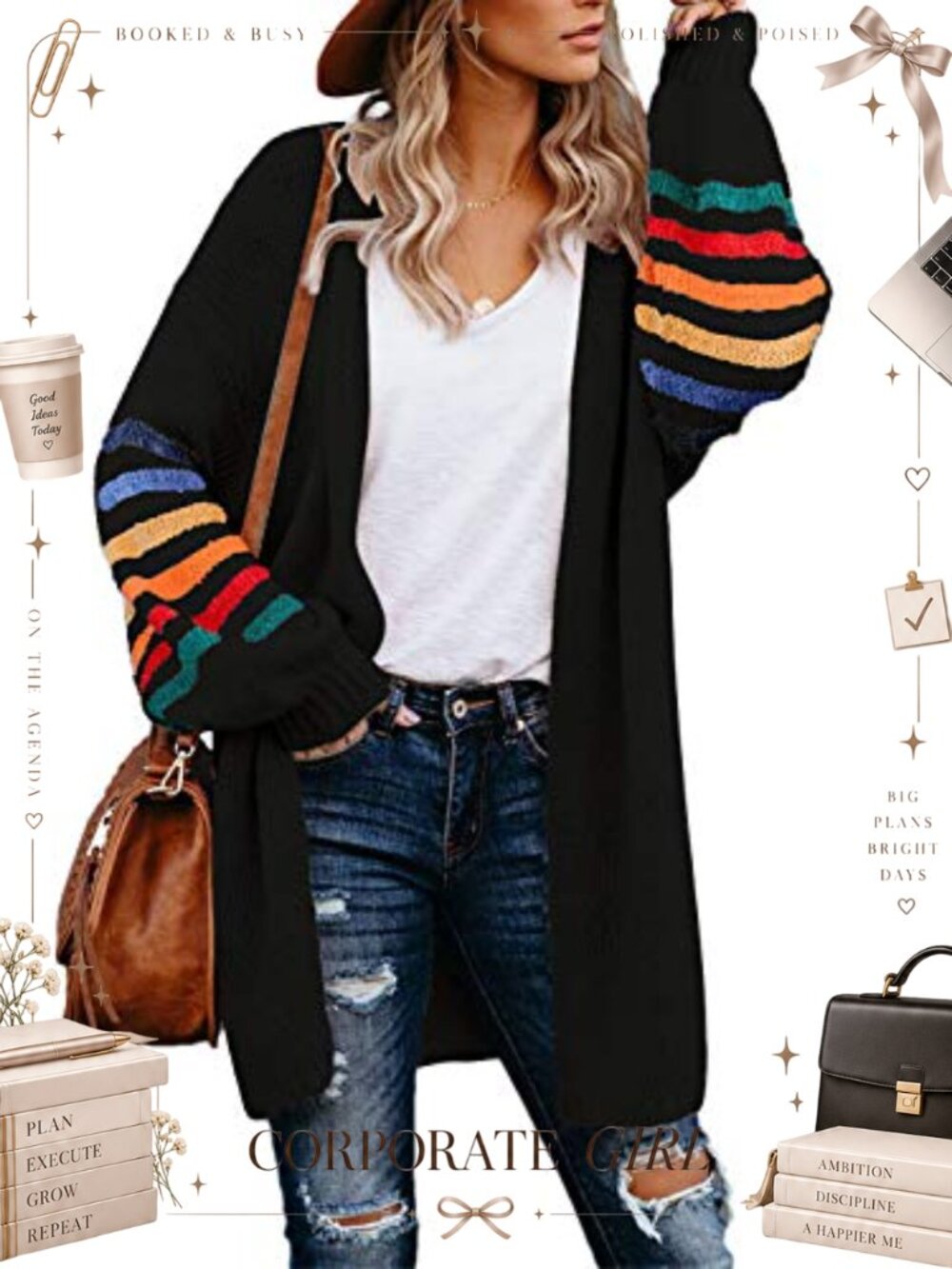 Open Front Long Cardigan Loose Knit Striped Balloon Sleeve Women's Sweater